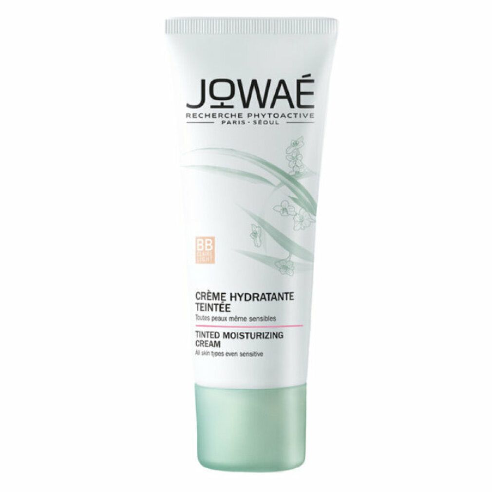 Tubo bianco con tappo verde. Scritta: JOWAE, Crème Hydratante Teintée, Tinted Moisturizing Cream.