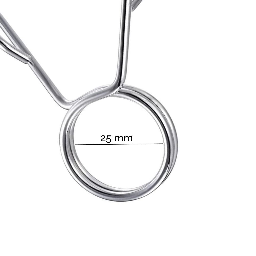 Primo piano di una clip a molla in metallo. "25 mm" è scritto sulla parte circolare.