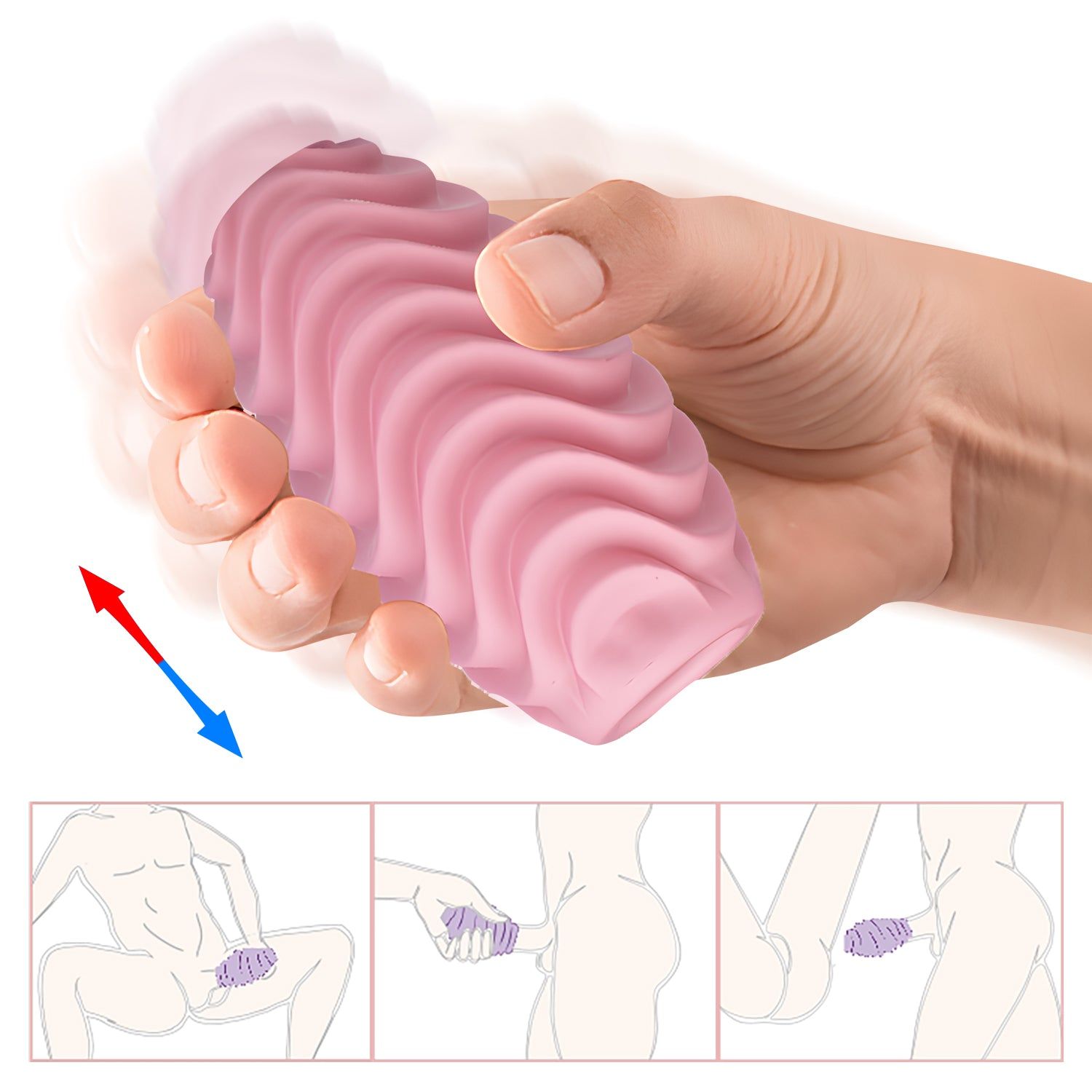 Uovo masturbatore rosa, superficie ondulata, tenuto in mano. Illustrazioni d'uso.