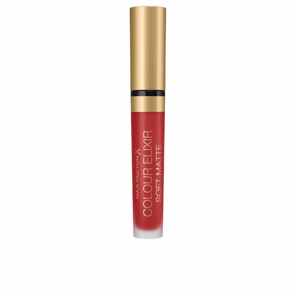 Rossetto con tappo dorato. Rossetto rosso con testo: Max Factor Colour Elixir Soft Matte.