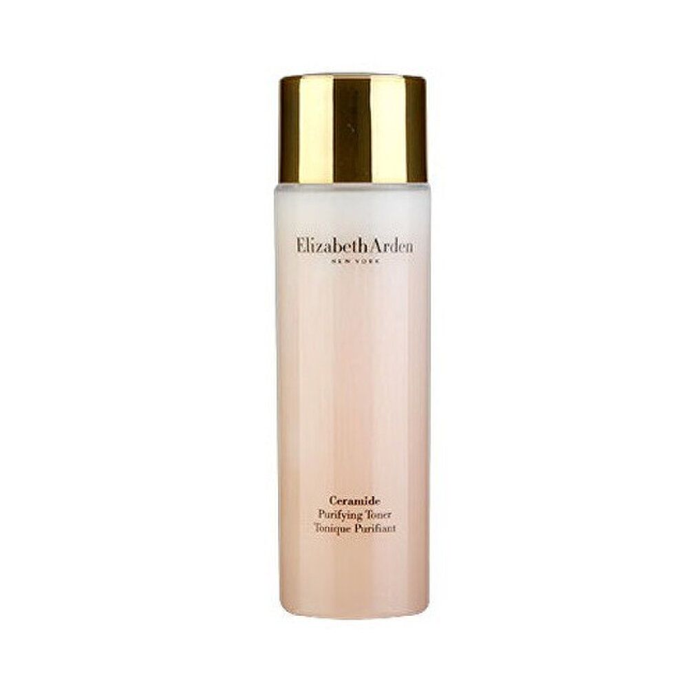 Flacone cilindrico, tappo dorato. Scritta: Elizabeth Arden, Ceramide Purifying Toner. Liquido rosa visibile.