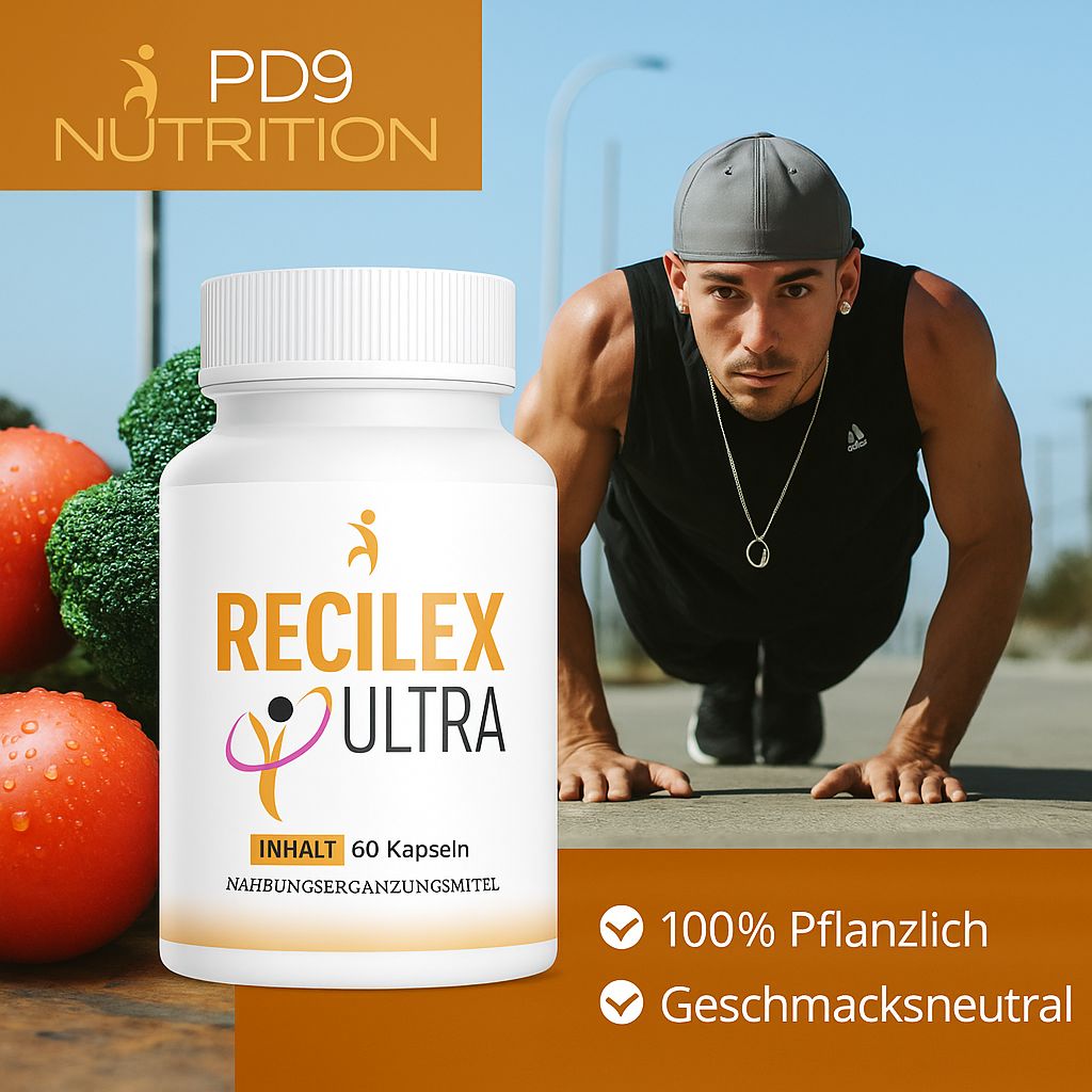 Flacone bianco di capsule. Scritta: Recilex Ultra, PD9 Nutrition. Contenuto: 60 capsule. Integratore alimentare. Uomo sullo sfondo.