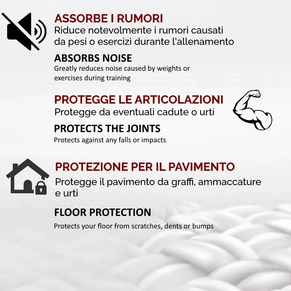Infografica con icone e testo. Temi: assorbimento del rumore, protezione delle articolazioni, protezione del pavimento.