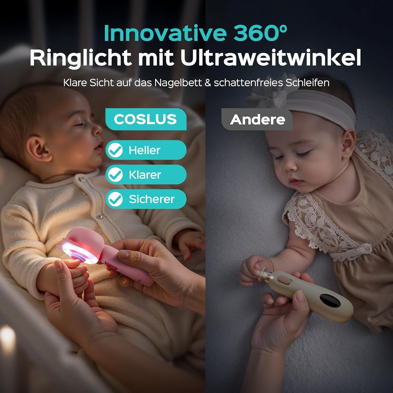Set manicure per bambini COSLUS rosa. Luce ad anello a LED. Confronto con altro dispositivo.