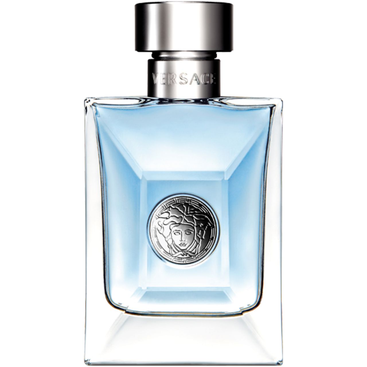 Flacone Versace Pour Homme After Shave Lotion. Flacone rettangolare con tappo argentato e logo Medusa.