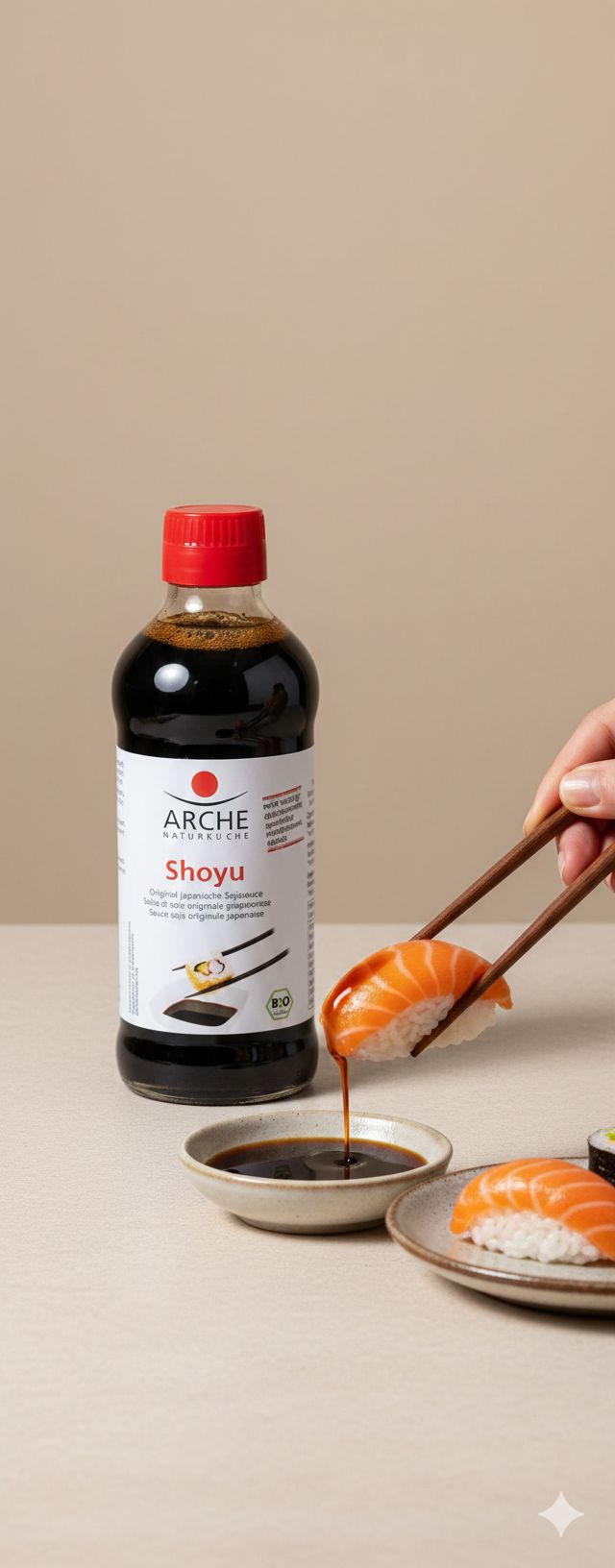 Bottiglia di salsa di soia Arche Shoyu con sushi e bacchette immerse in una ciotola di salsa di soia.