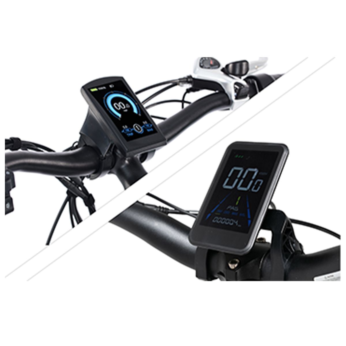 Manubrio con due display. I display neri mostrano informazioni. Elementi visibili: velocità, indicatore batteria, informazioni sul percorso.