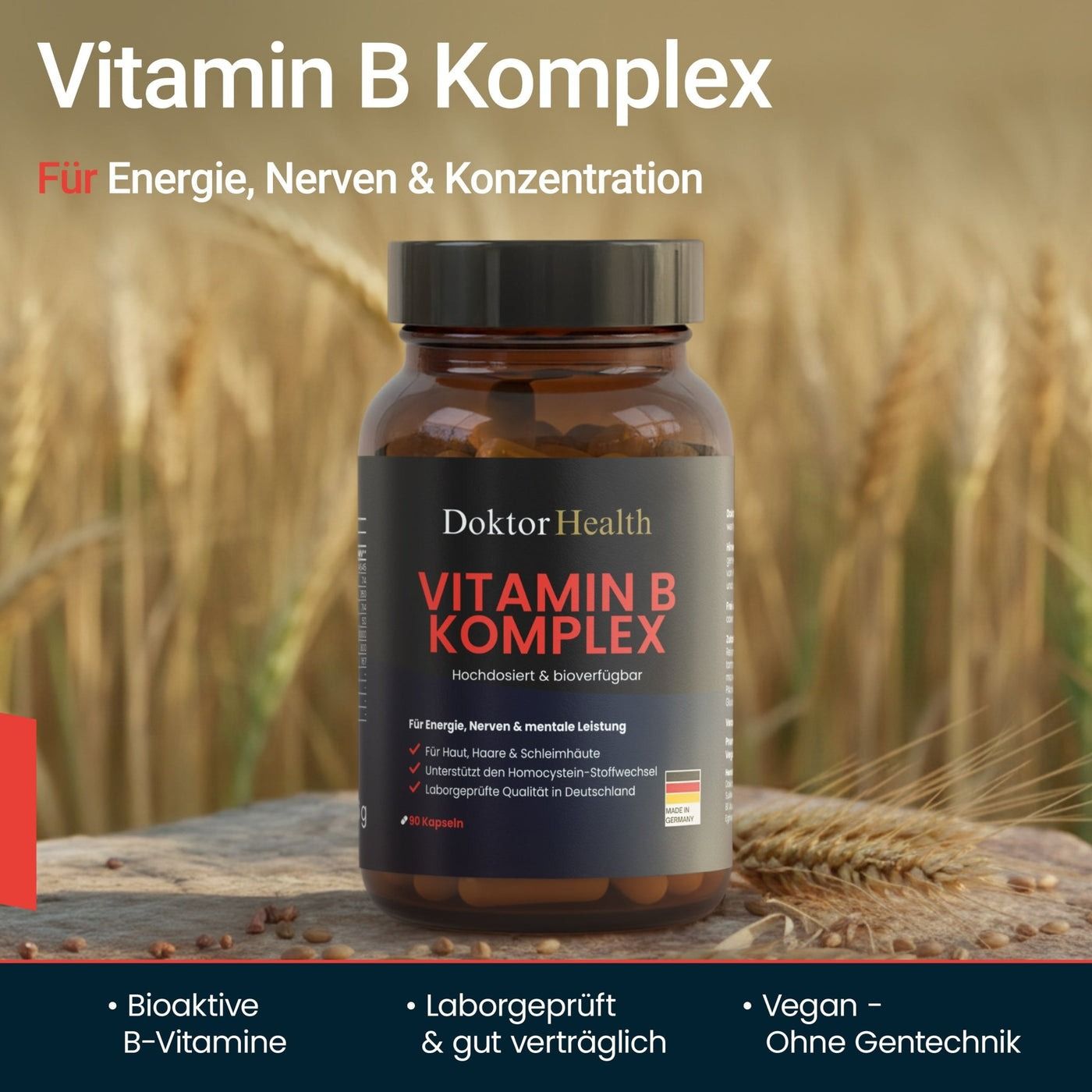 Flacone di vetro marrone con capsule Vitamin B Komplex. Scritta: Doktor Health, Vitamin B Komplex. Ad alto dosaggio e biodisponibile. Vegano.