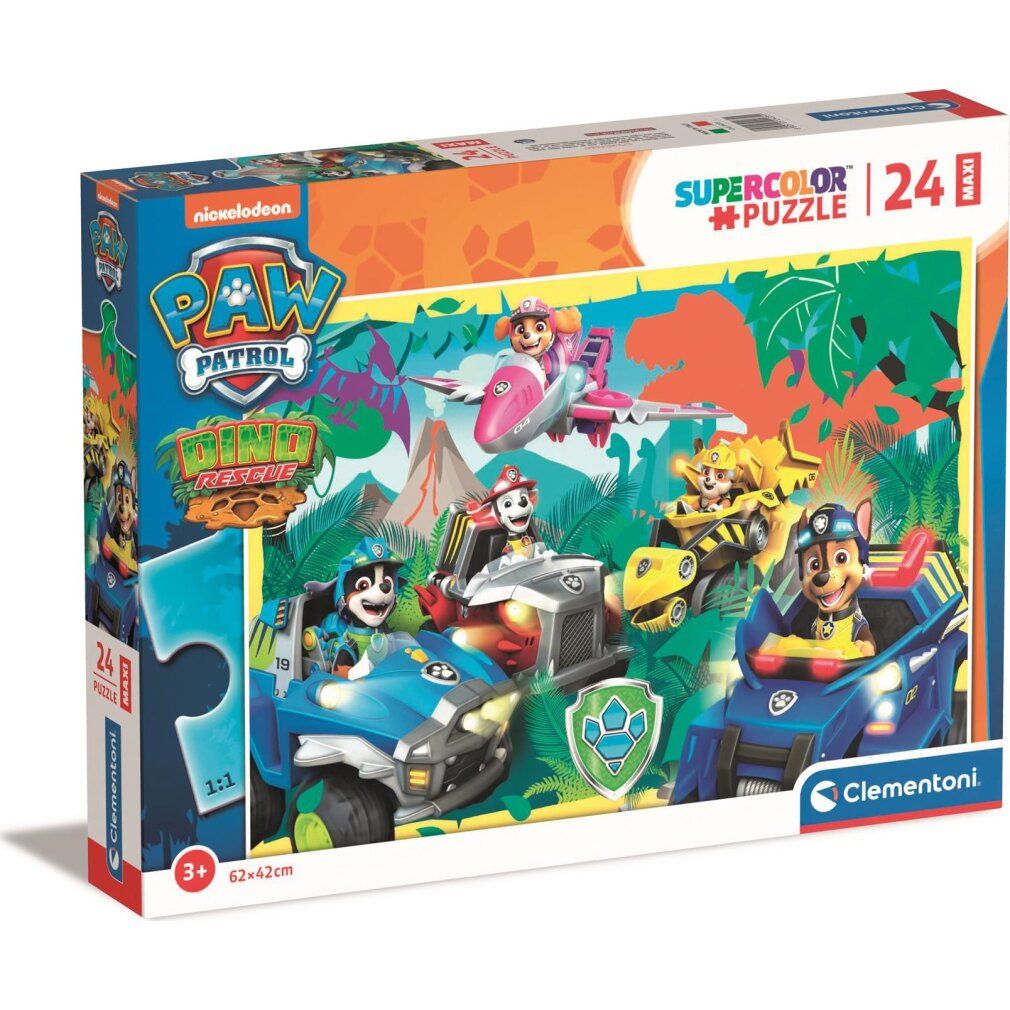 Scatola puzzle Paw Patrol, 24 pezzi, formato Maxi. Logo Nickelodeon e marchio Clementoni visibili. Età: 3+.
