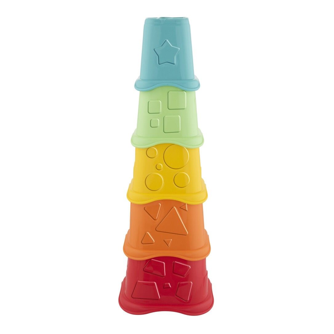 Tazze impilabili multicolori. Ogni tazza ha una forma diversa. In cima si vede una stella.
