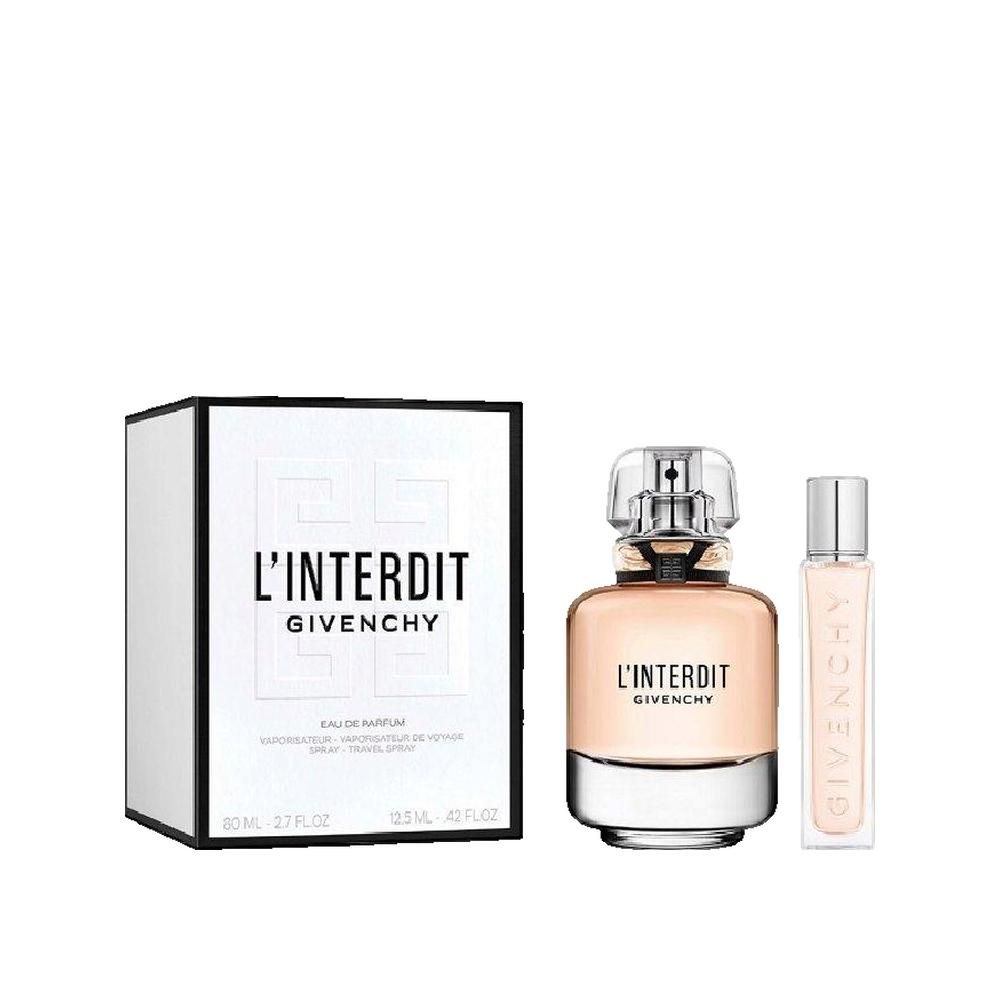 Set regalo con flacone, vaporizzatore e scatola. Flacone con scritta L'Interdit Givenchy. Scatola con logo e scritta L'Interdit.