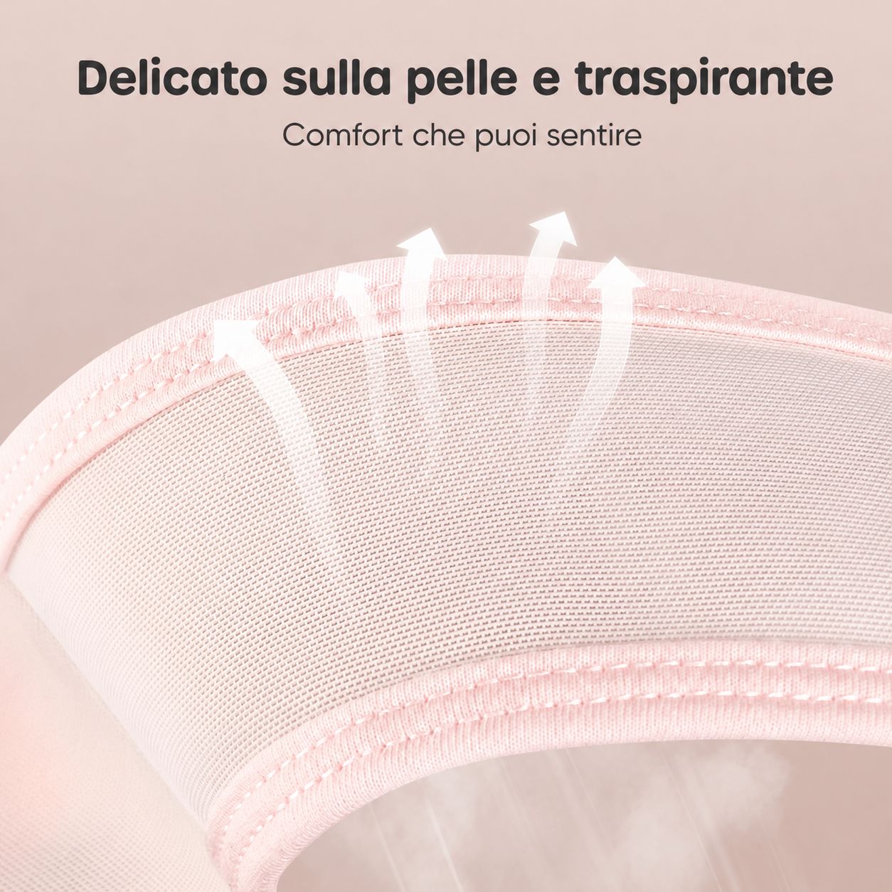 Fascia addominale rosa con supporto incrociato a V, con icone per distribuzione uniforme della pressione e stabilità.