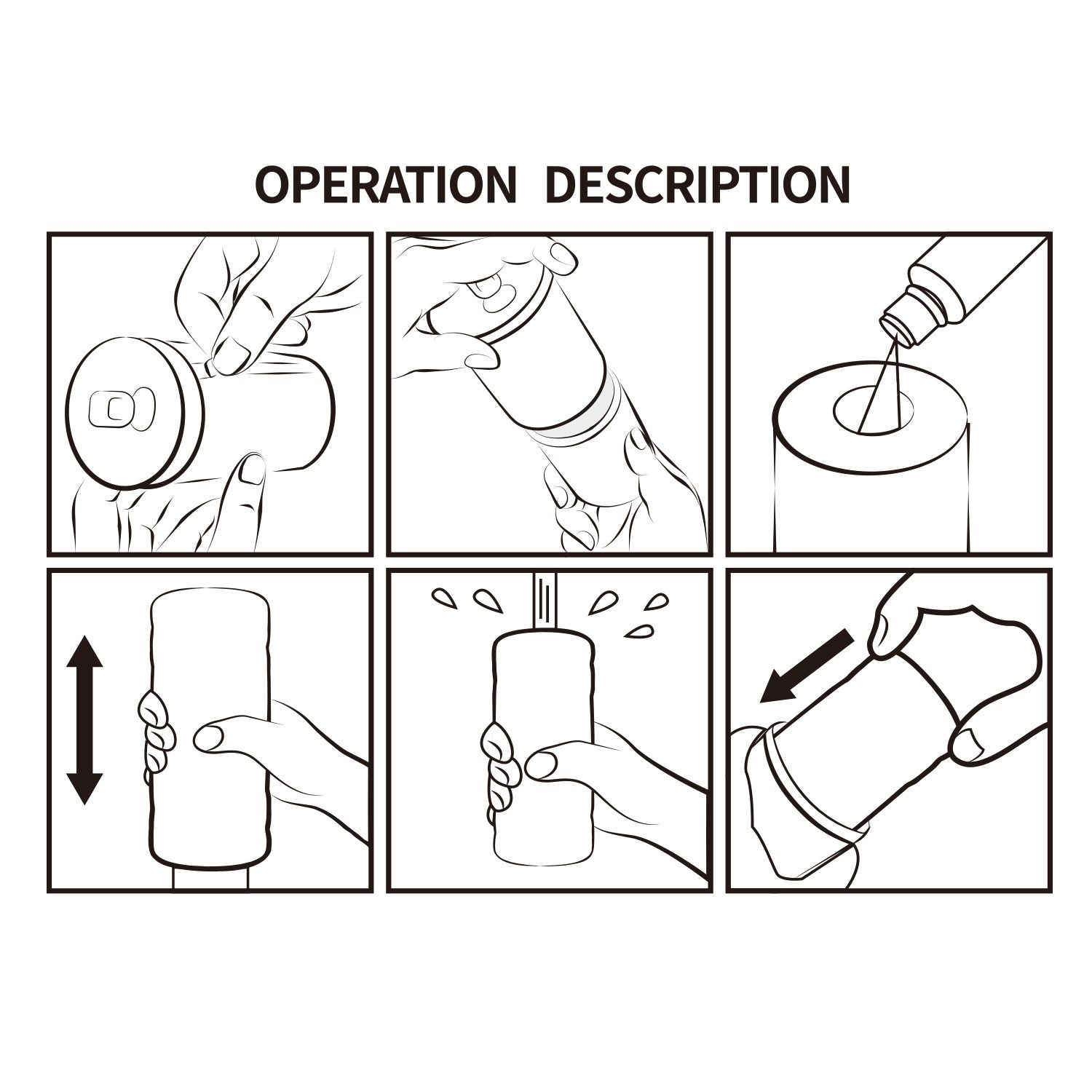 Illustrazione in bianco e nero che mostra il funzionamento di un prodotto. Vengono rappresentati sei passaggi.