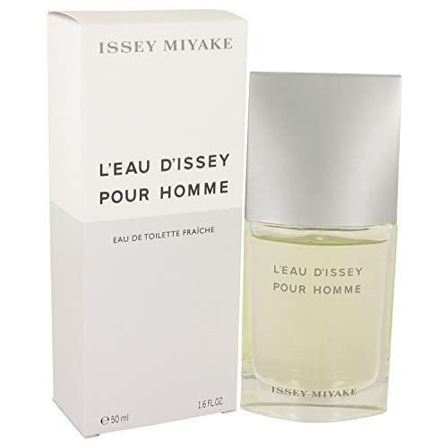 Flacone e scatola. Scritta: Issey Miyake, L'Eau d'Issey pour Homme. Liquido giallastro. Scatola e flacone bianchi.