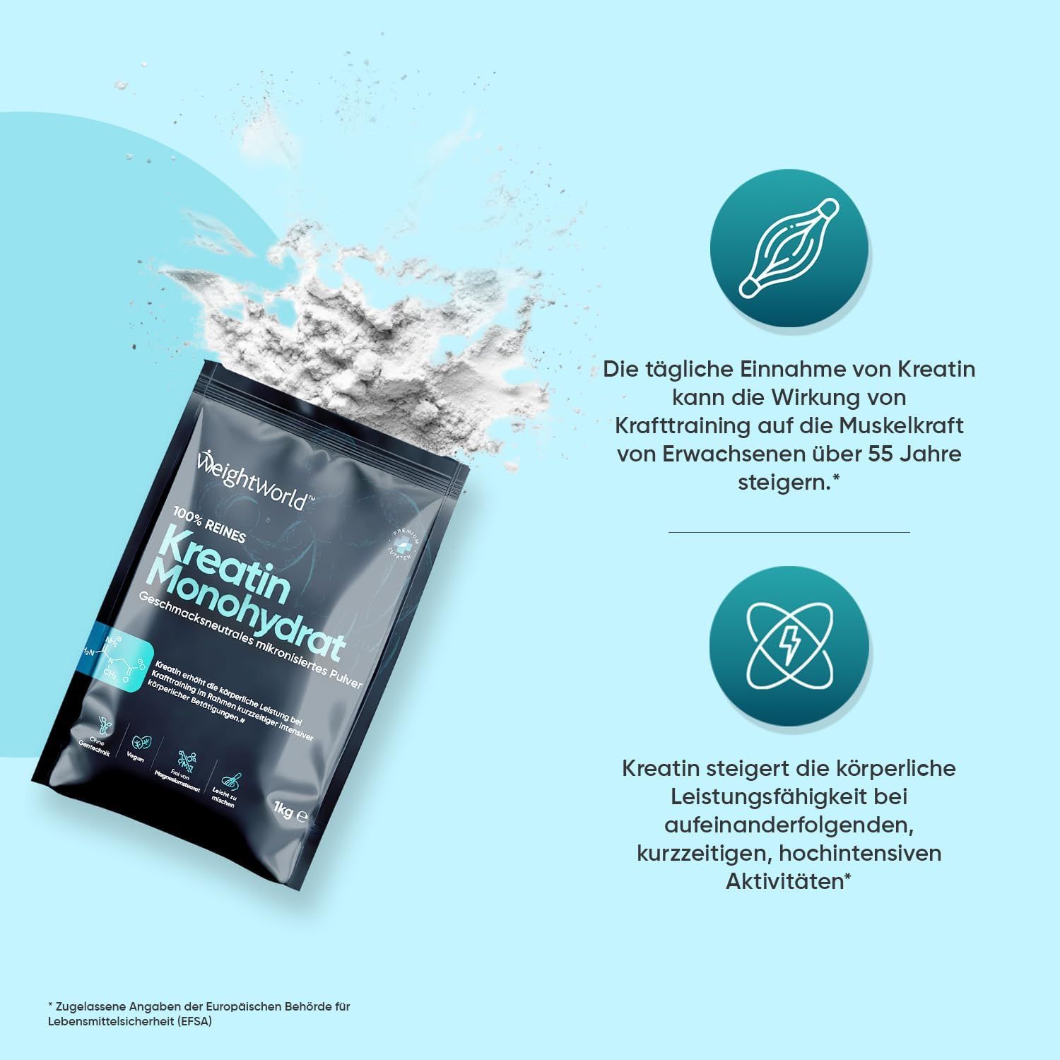 Busta nera con polvere bianca. Testo e cerchi con testo. Aumenta le prestazioni fisiche in attività intense.