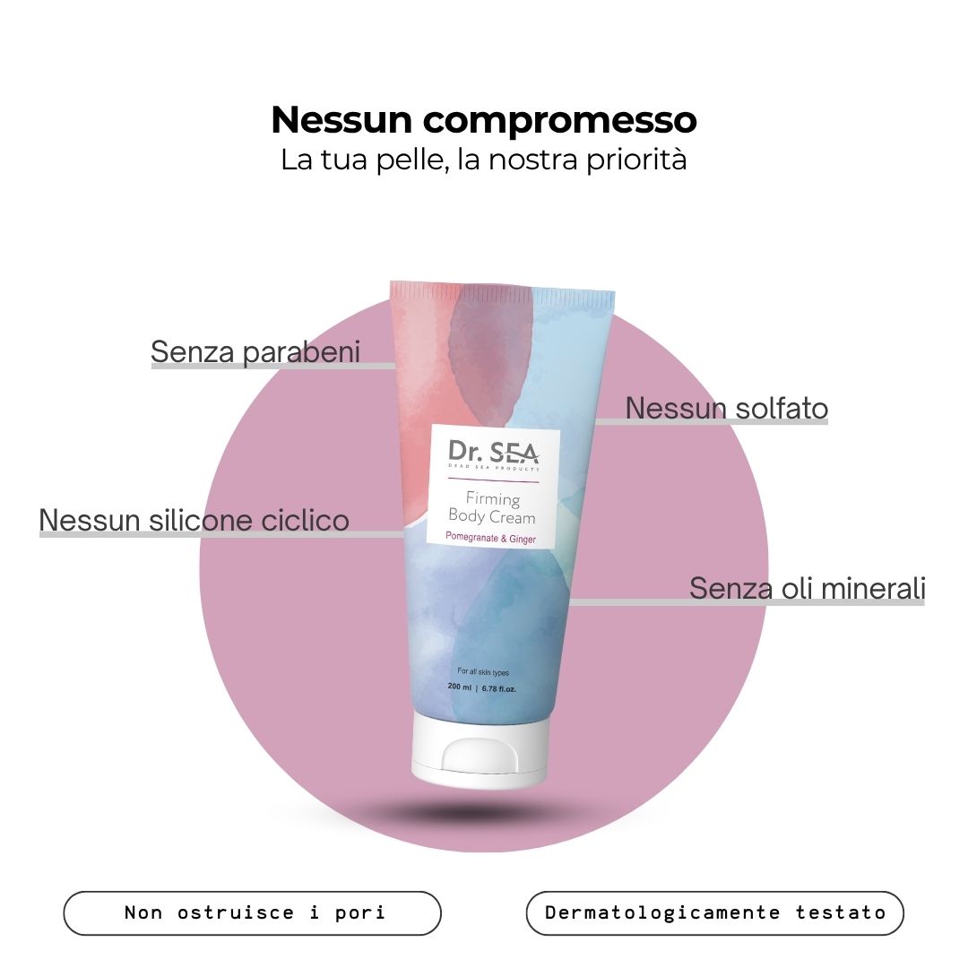Tubo di crema corpo con testo. Testo: Dr. SEA, Firming Body Cream, Melograno & Zenzero. Senza parabeni, solfati, siliconi, oli minerali.