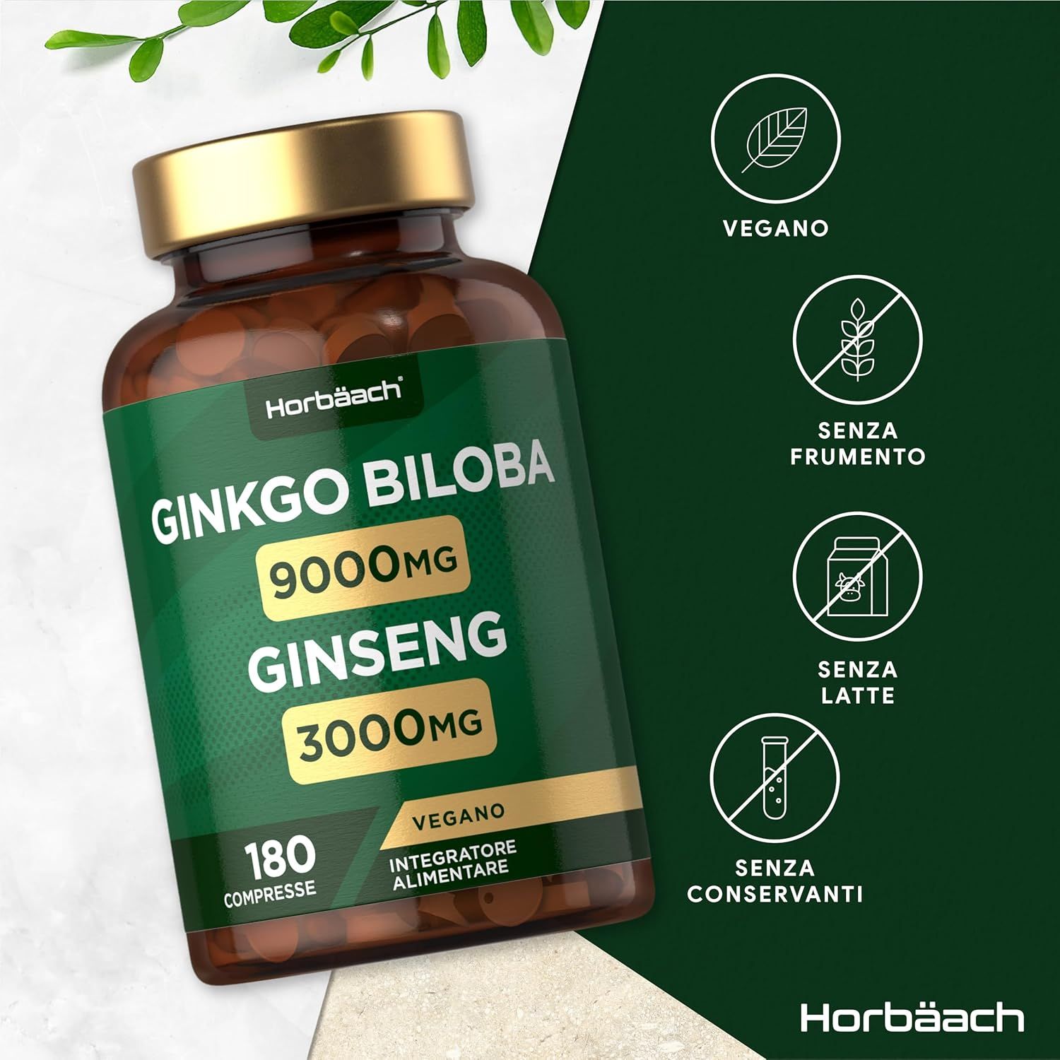 Flacone marrone con testo verde. Contiene compresse di Ginkgo Biloba e Ginseng. 180 compresse, vegano, senza glutine, senza latte.