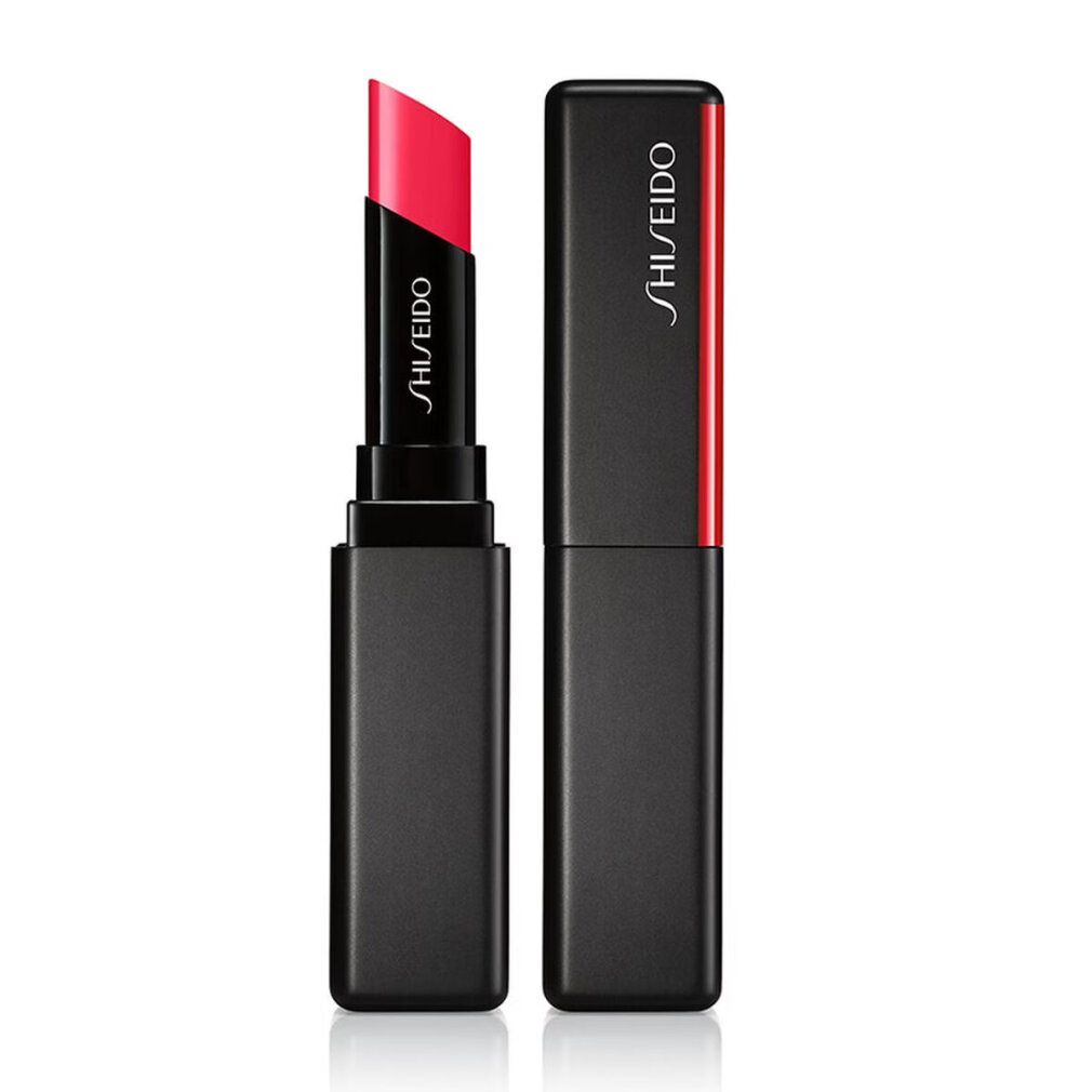 Rossetto rosso, astuccio nero, dettaglio rosso. Marchio Shiseido.