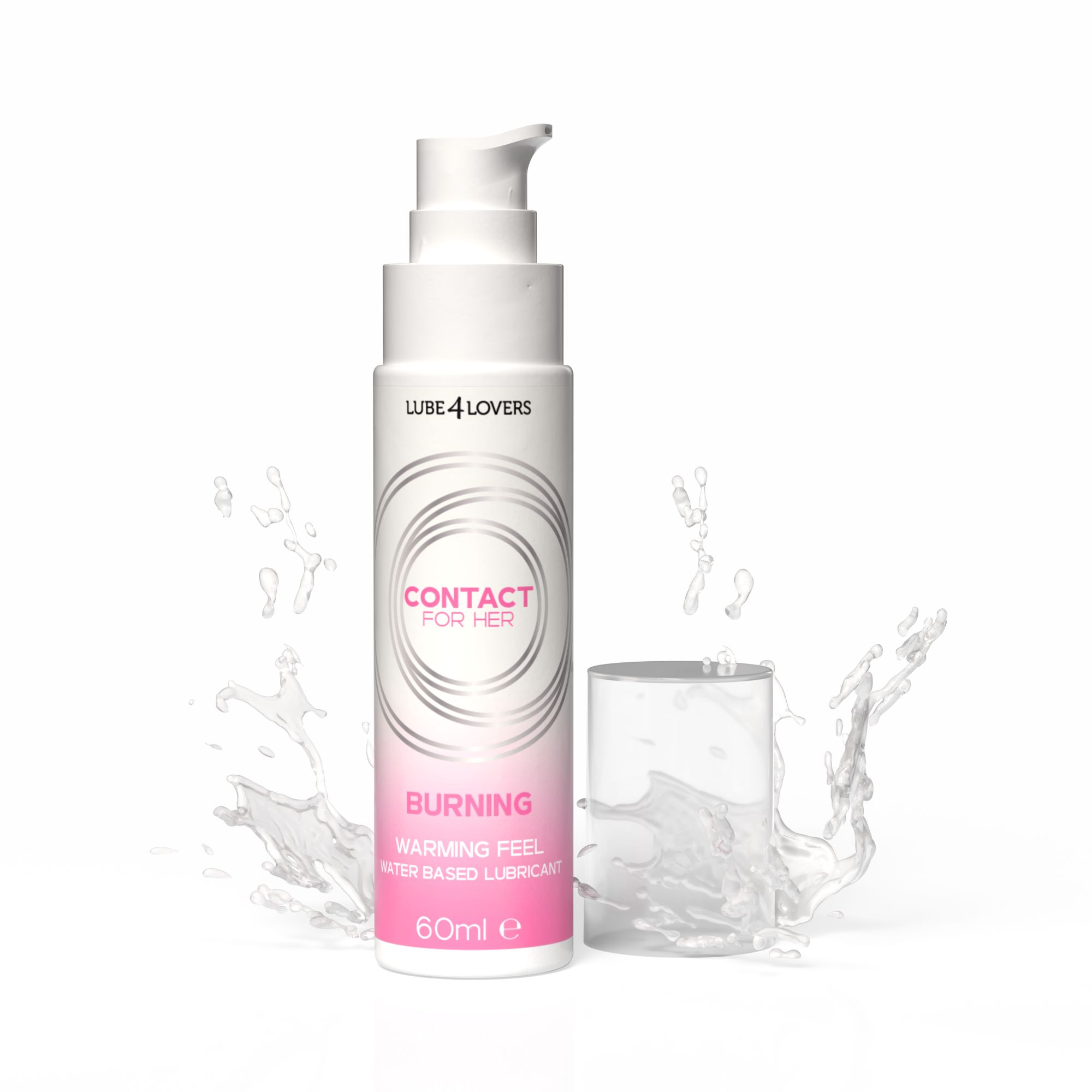 Flacone bianco con pompa ed etichetta rosa. Scritta: CONTACT FOR HER BURNING. 60ml. Spruzzi d'acqua.
