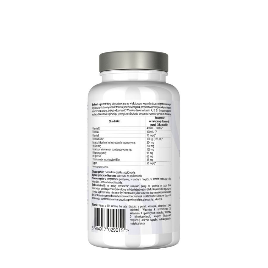Retro di un flacone bianco. Contiene informazioni su ingredienti, dosaggio e produttore. Testo in polacco.
