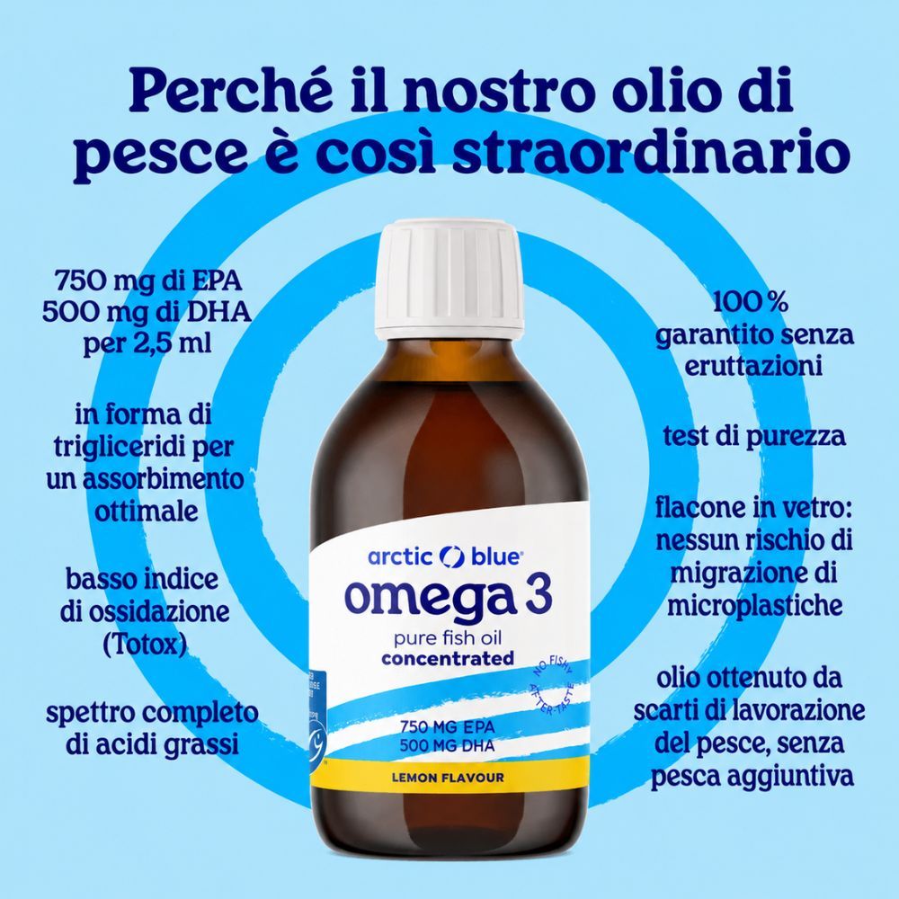 Perché il nostro olio di pesce è notevole: trigliceridi, purezza, flacone in vetro.