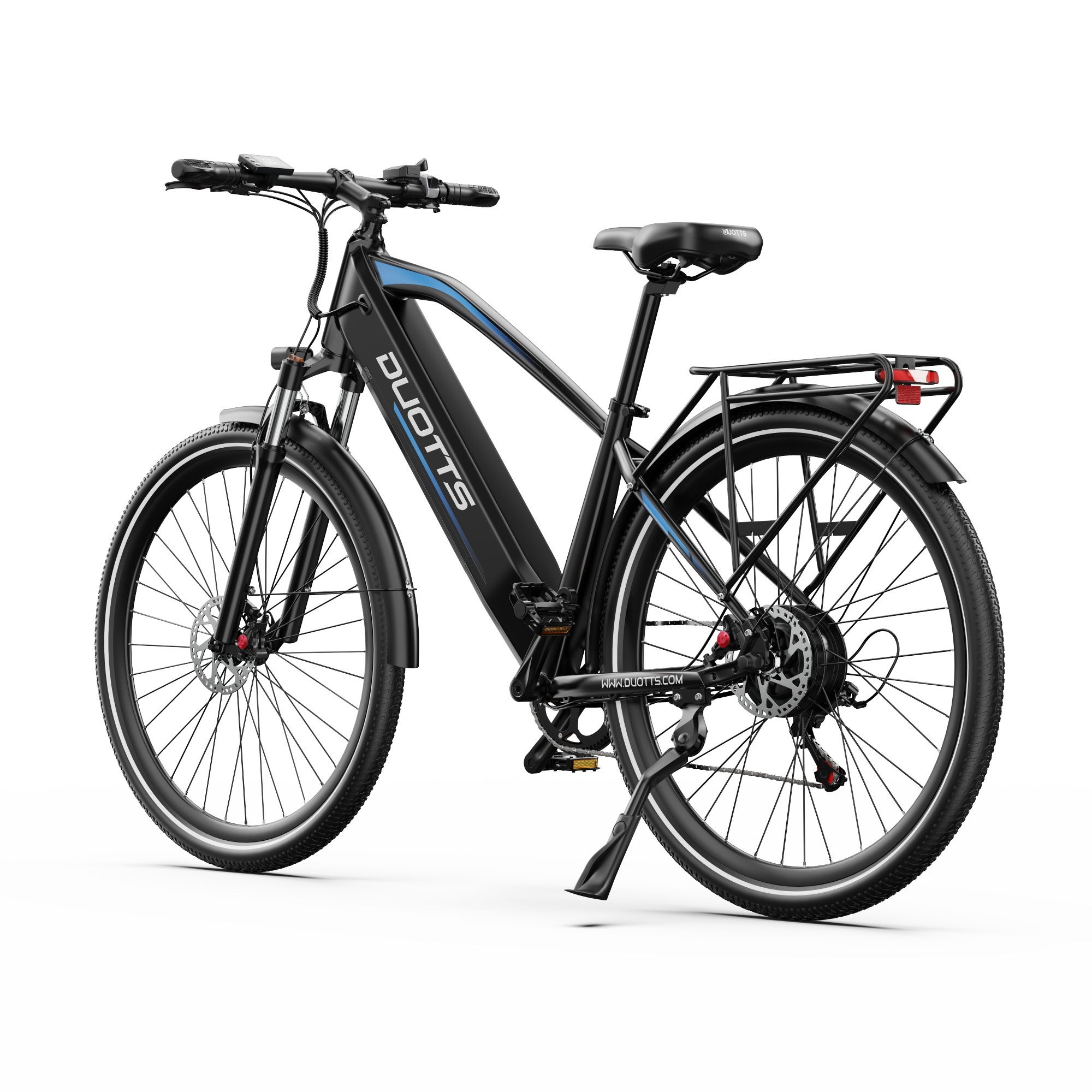 E-bike nera, vista posteriore. Logo DUOTTS. Portapacchi, parafanghi. Su sfondo bianco.