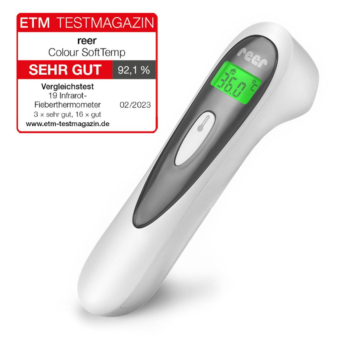 Termometro a infrarossi senza contatto bianco con display digitale. Marca: reer. Distinzione ETM Testmagazin.