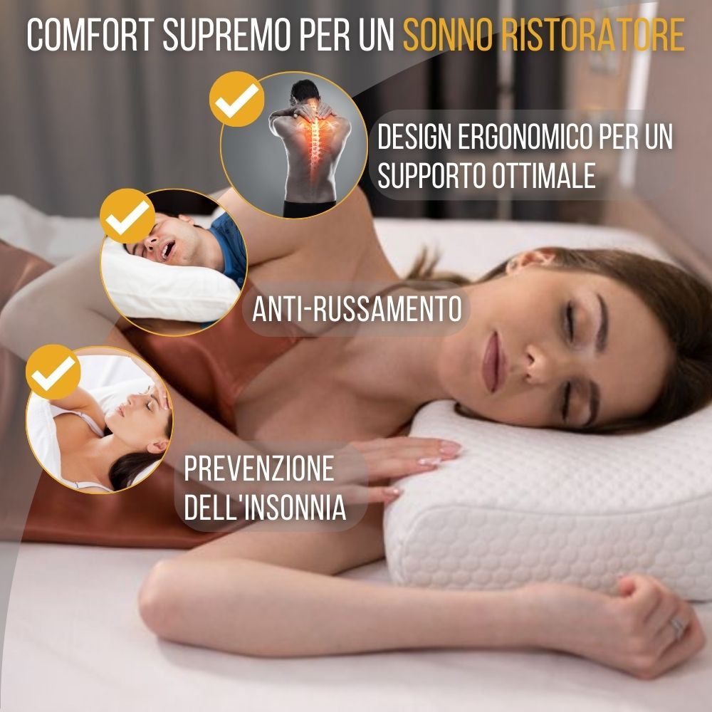 Cuscino ergonomico. Donna che dorme. Anti-russamento. Prevenzione dell'insonnia. Cuscino bianco.