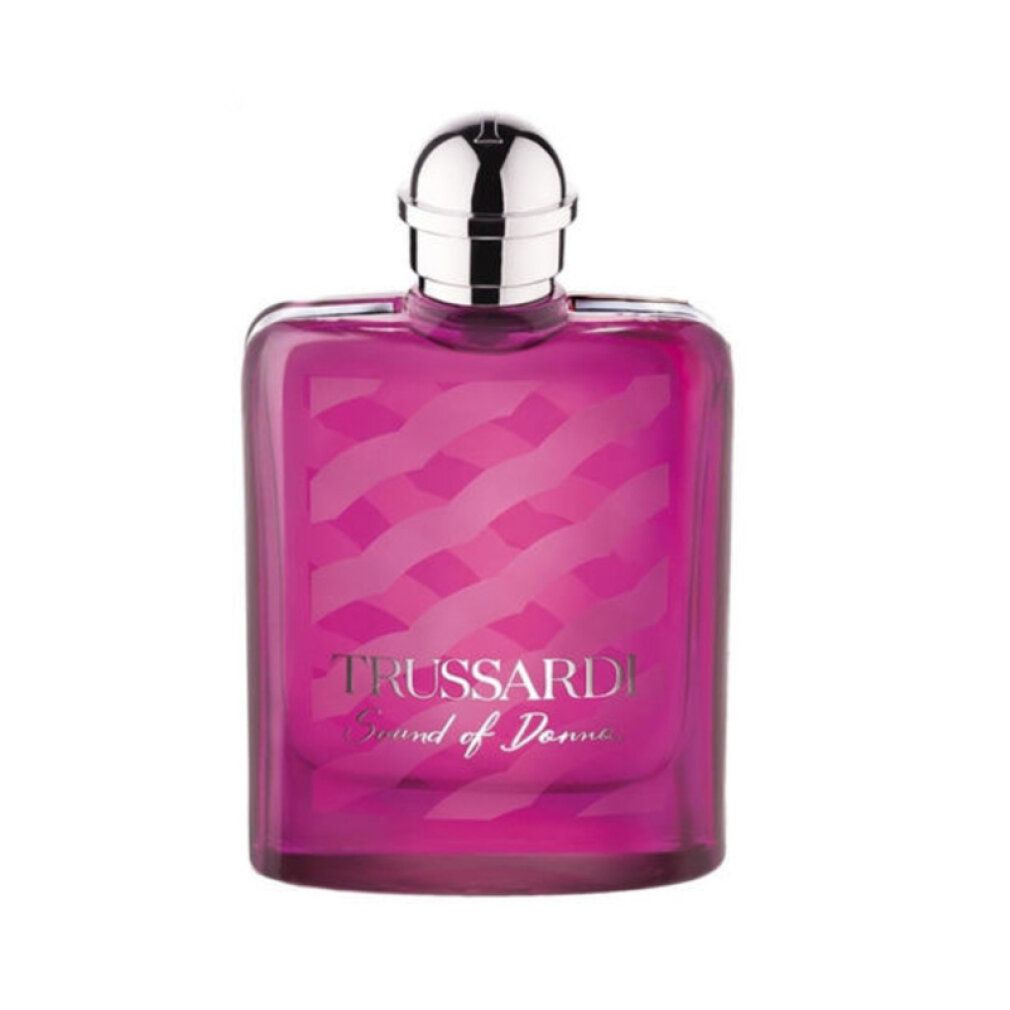 Flacone rosa con tappo argentato. Scritta: Trussardi Sound of Donna. Eau de Parfum.