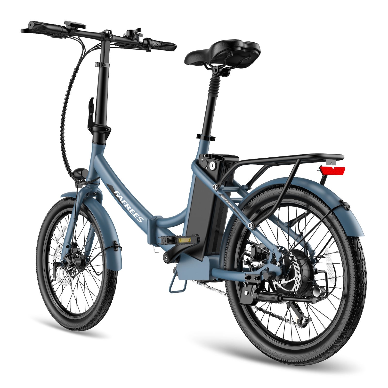 E-bike pieghevole blu con sella nera, portapacchi e fanale posteriore. Marchio FAFREES visibile.
