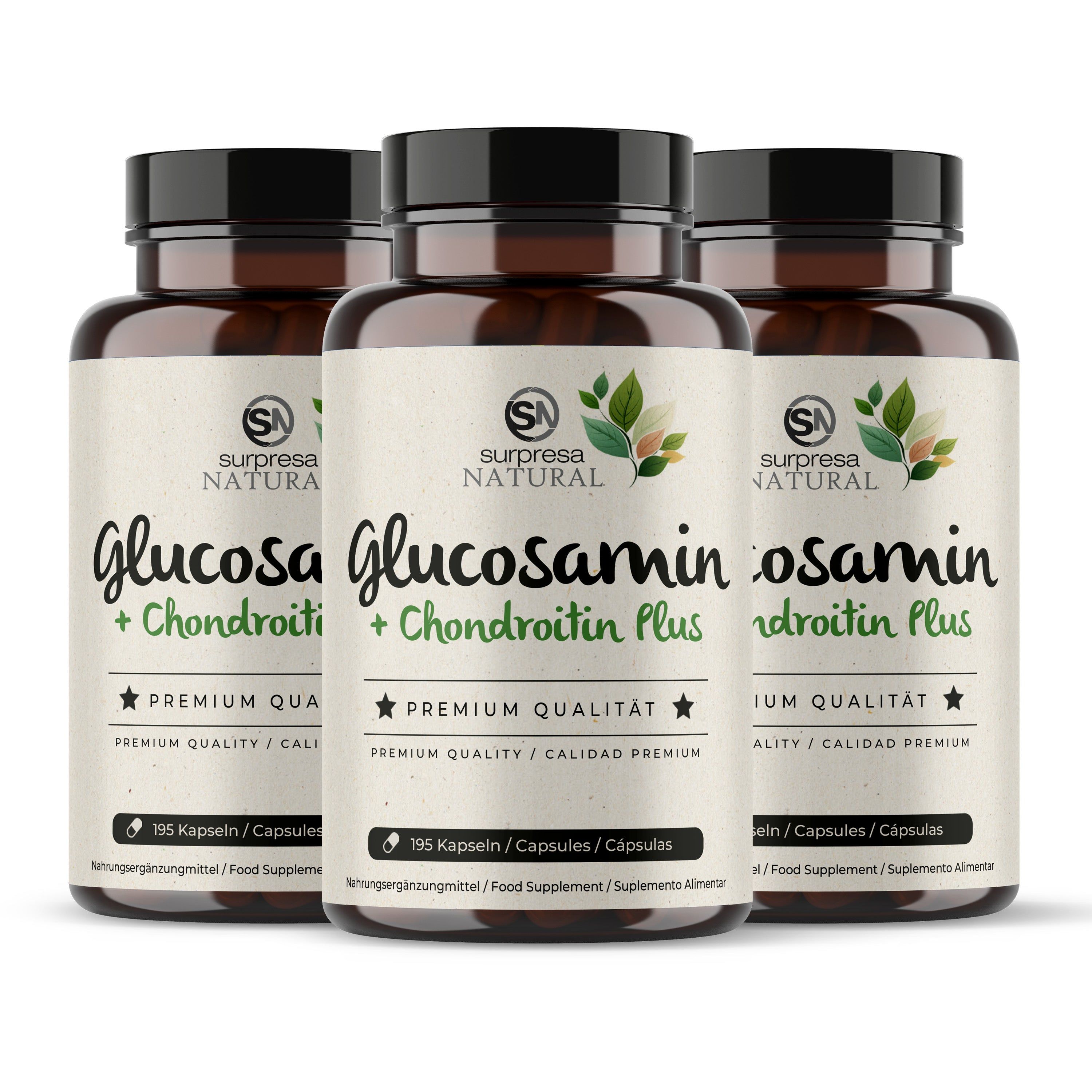 Tre flaconi Surpresa Natural Glucosamin + Chondroitin Plus uno accanto all'altro.