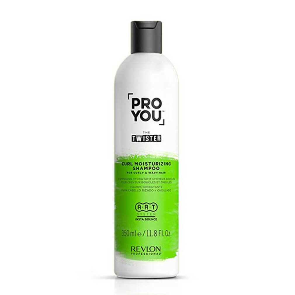 Flacone bianco, tappo nero. Scritta: Pro You The Twister. Verde: Curl Moisturizing Shampoo. Revlon Professional.
