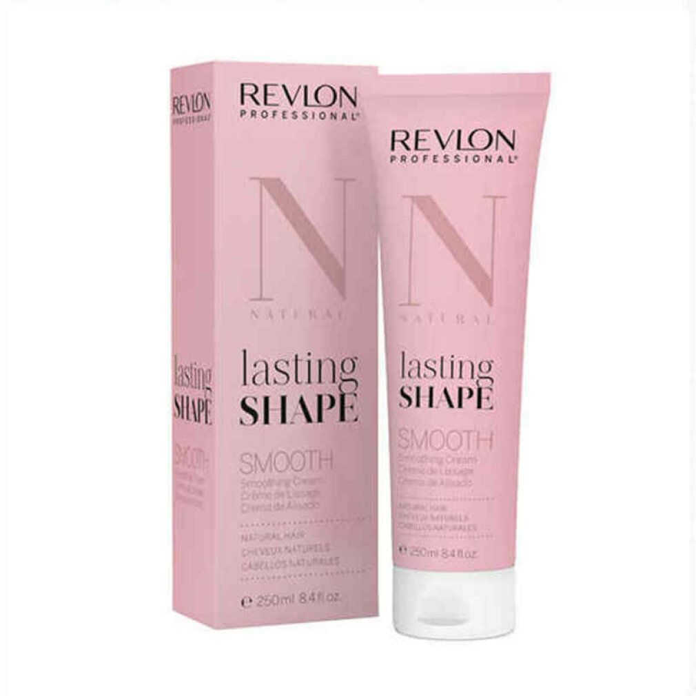 Revlon Lasting Shape Smooth crema per capelli, tubo e confezione. Rosa, tappo bianco. Testo: Revlon, Natural, Smooth, 250ml.