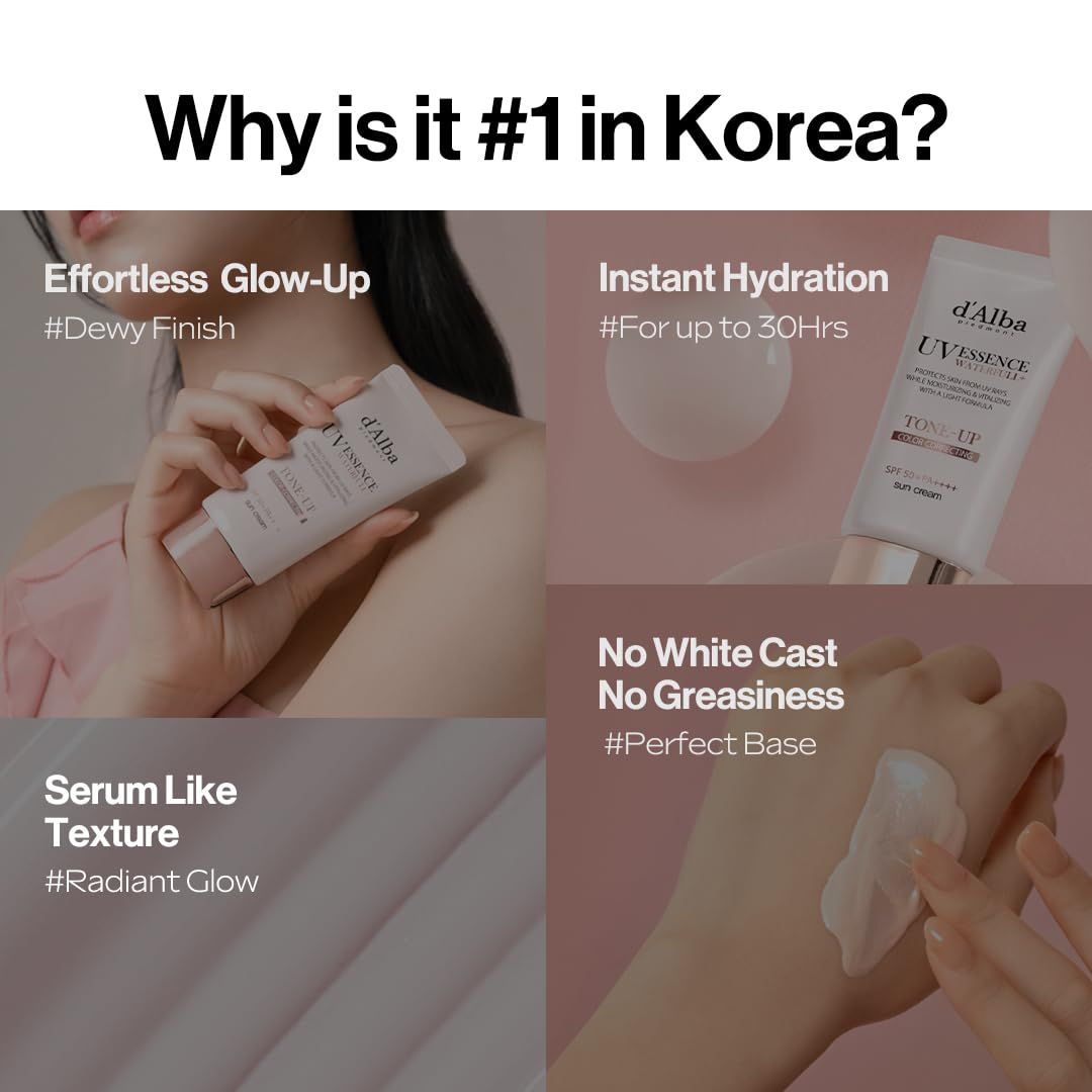 d'Alba UV Essence Waterfull Tone-up Sunscreen. Prodotto in mano, testo: Effortless Glow-Up, Instant Hydration, Serum Like Texture, No White Cast.