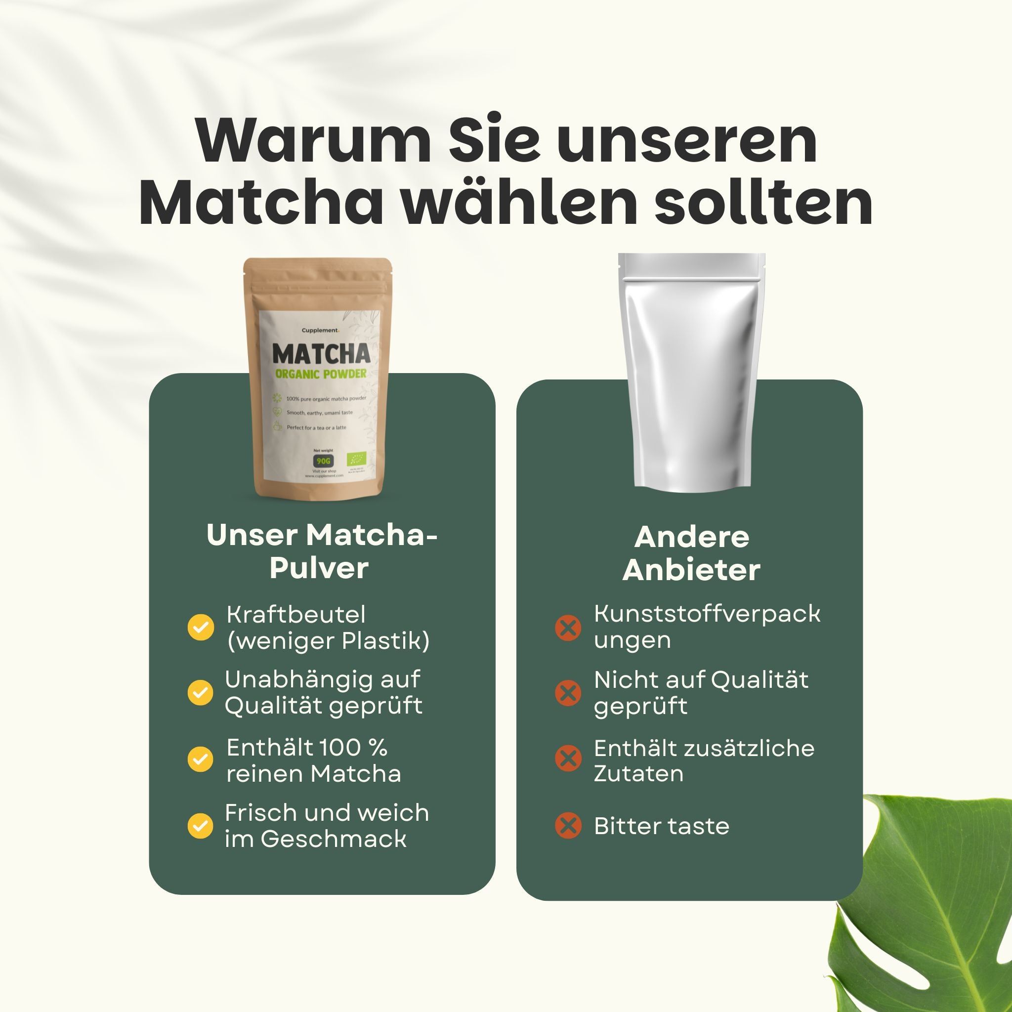 Confronto tra la nostra polvere di matcha e quella di altri fornitori. Testo: Perché scegliere il nostro matcha.
