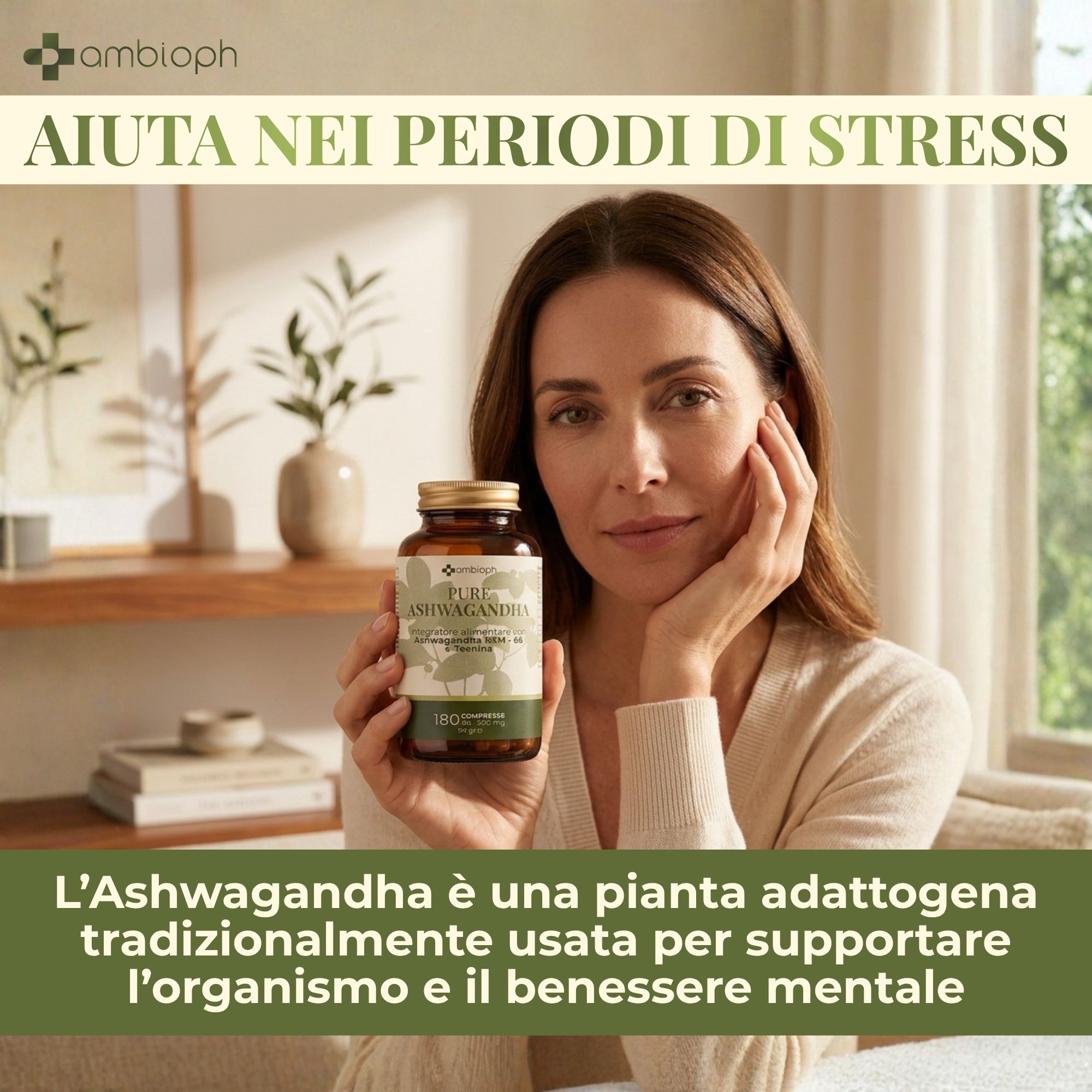 Retro di un flacone di capsule di Ashwagandha, con elenco ingredienti e dosaggio.