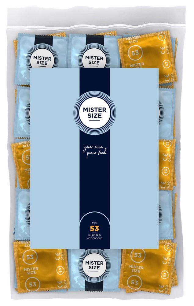 Imballaggio da 100 preservativi Mister Size 53, confezionati singolarmente in blu e oro.