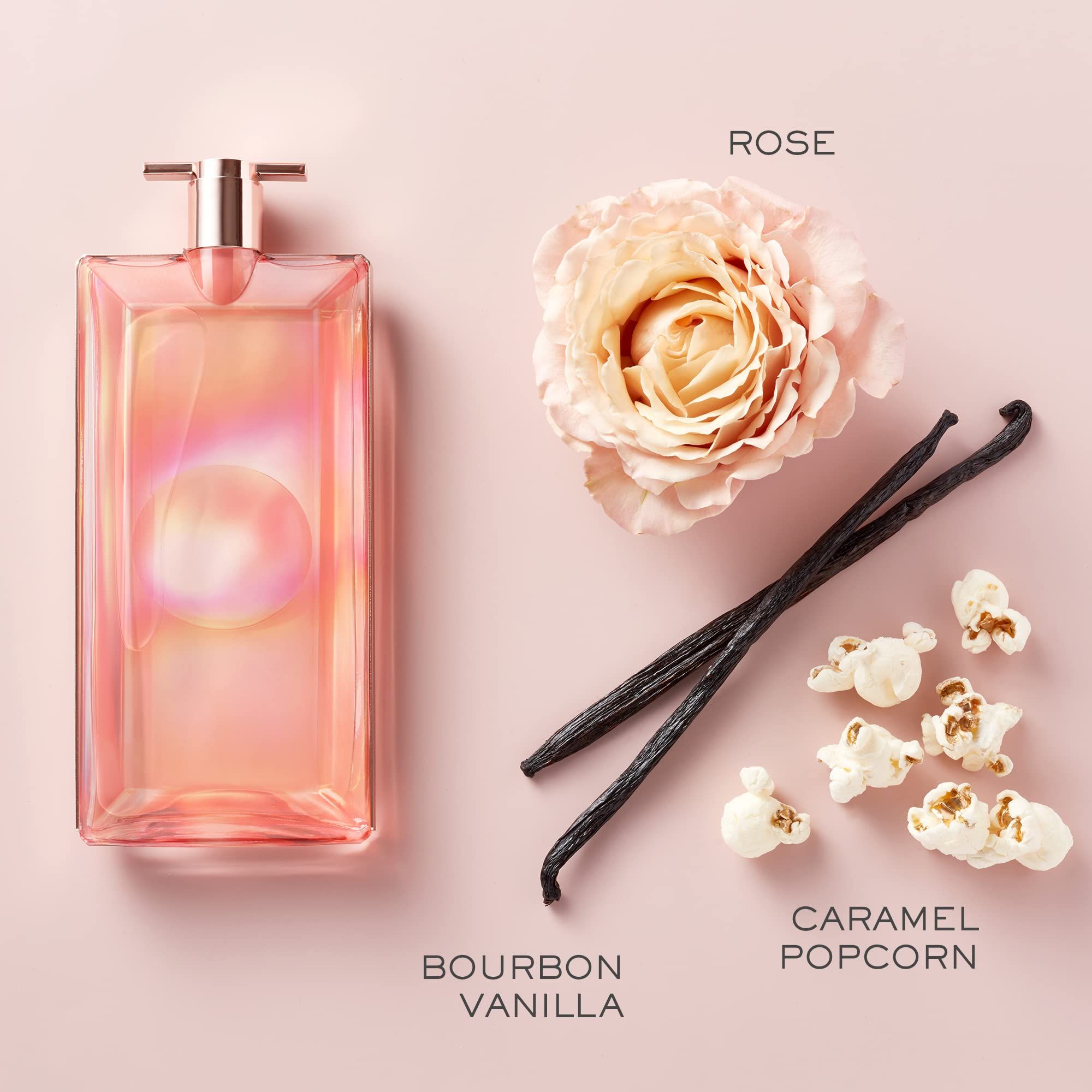 Flacone rosa, rosa, baccelli di vaniglia e popcorn. Etichette: Rosa, Vaniglia Bourbon, Popcorn al caramello.