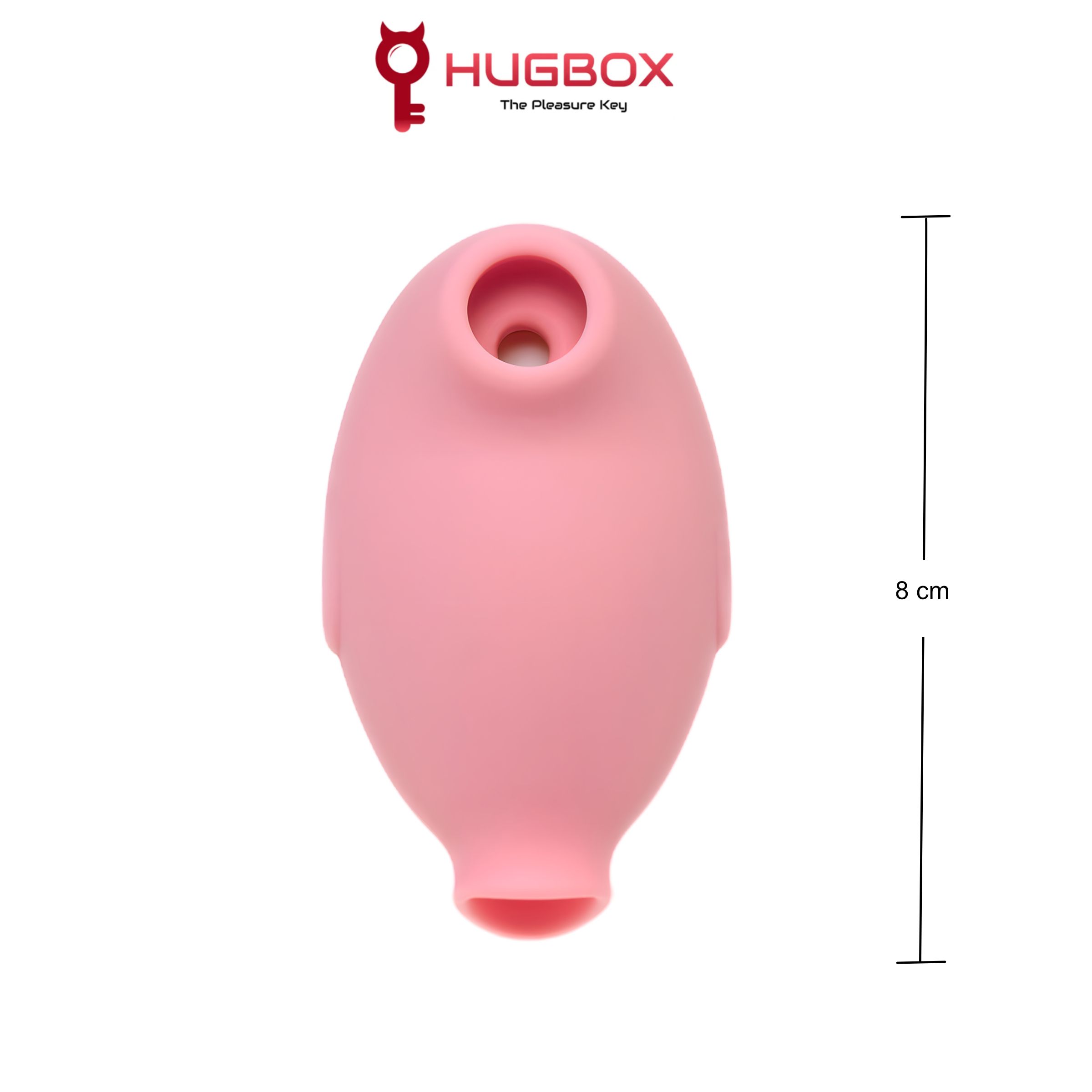 Dispositivo rosa a forma di uovo con aperture. Logo HUGBOX. Dimensione: 8 cm. Vista frontale del prodotto.