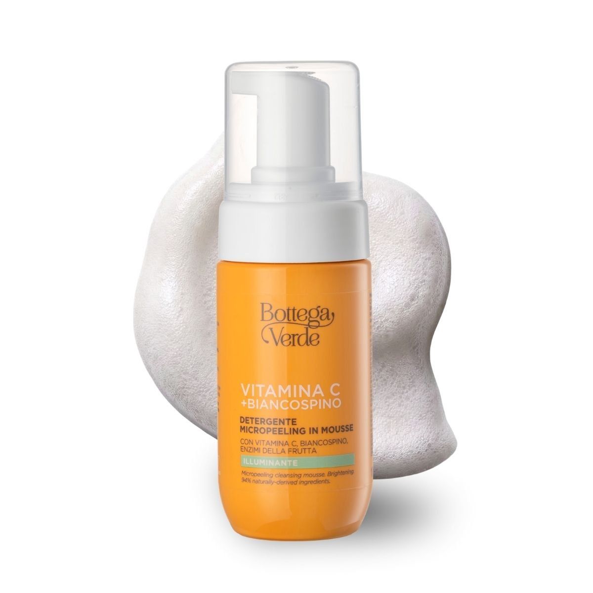 Flacone arancione con dosatore bianco. Testo: Bottega Verde, Vitamina C + Biancospino, Detergente micropeeling in mousse. Schiuma.