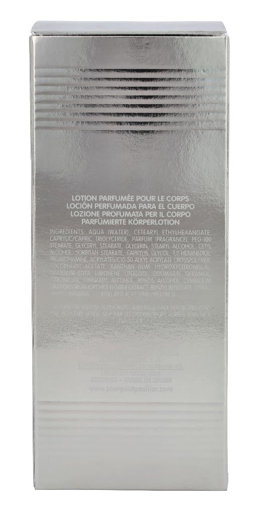 Retro della scatola. Testo: Lotion Parfumée Pour Le Corps, ingredienti, Jean Paul Gaultier.