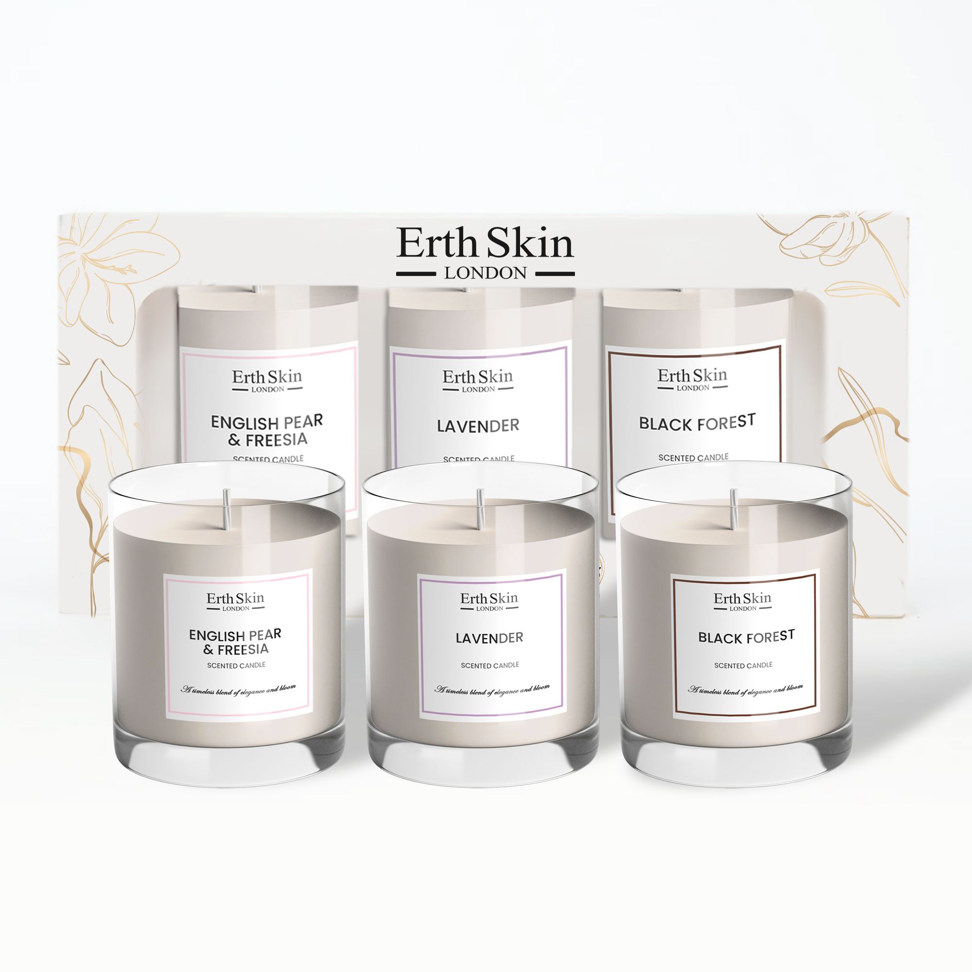 Sei candele Erth Skin London, in vasi e confezione regalo. Etichette: "English Pear & Freesia", "Lavender" e "Black Forest".