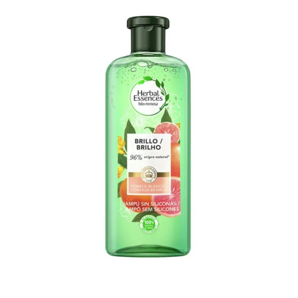 Flacone di shampoo verde con tappo nero. Etichetta con nome del prodotto, ingredienti e logo. Brillo/Brilho. Pomelo/Toronja Blanca.