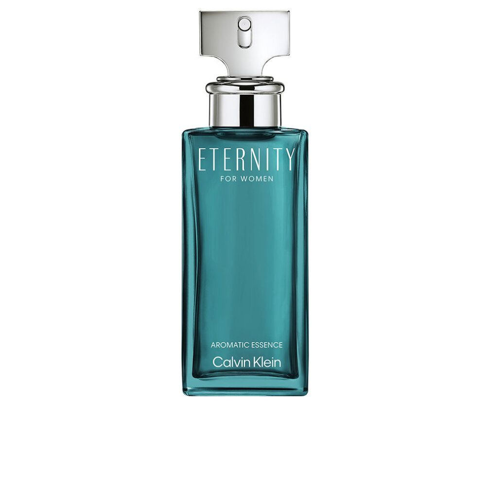 Flacone rettangolare, blu-verde, tappo argentato. Scritta Eternity, Calvin Klein. Essenza aromatica.