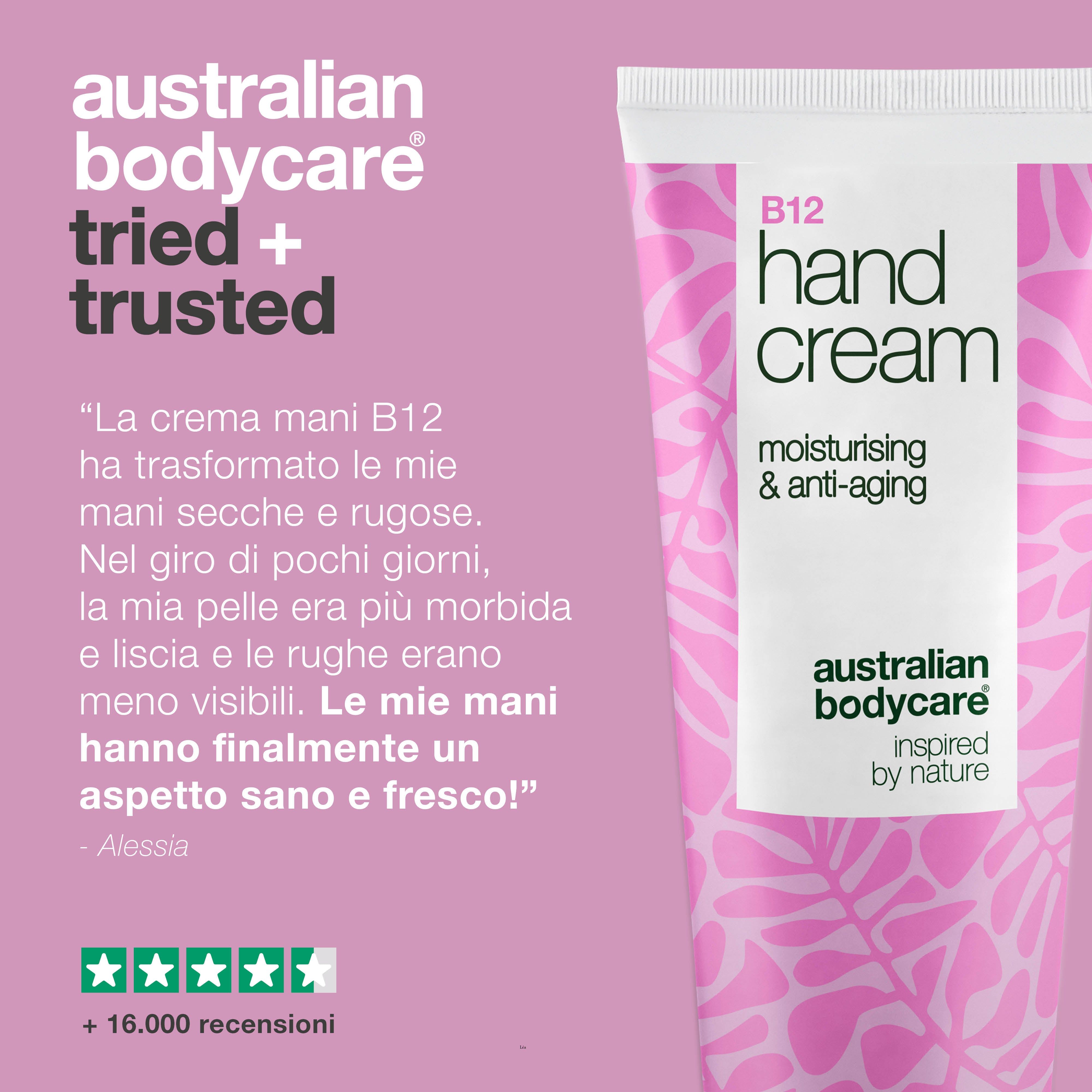 Crema mani B12, idratante e anti-età. Design rosa con foglie. Marchio: Australian Bodycare. Testo: Provato e affidabile.