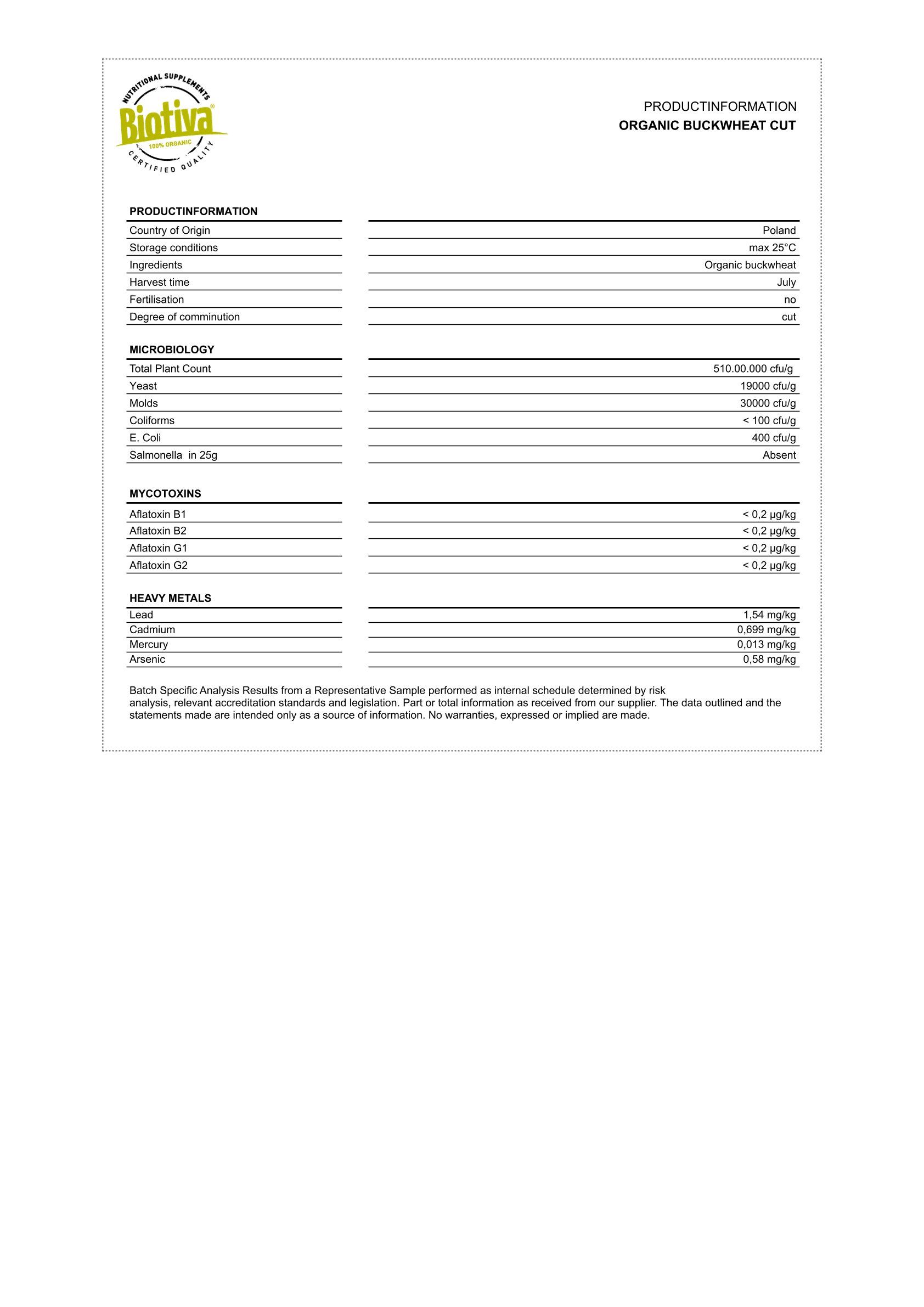 Foglio bianco con tabelle. Informazioni sul prodotto, origine, condizioni di conservazione, raccolta, microbiologia, metalli pesanti.