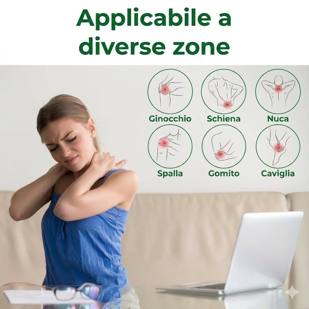 Donna con dolore al collo, laptop, diagramma delle aree del corpo. Testo: Applicabile a diverse zone.