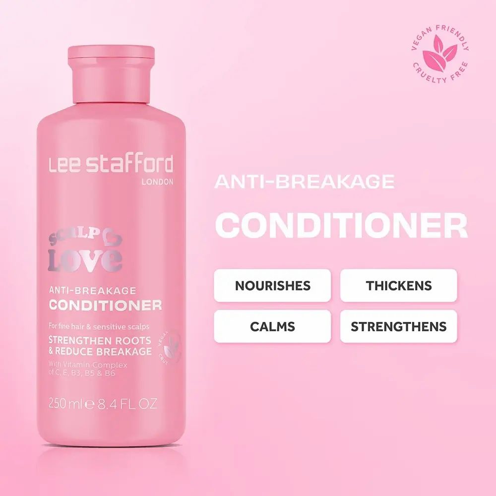 Flacone rosa con scritta: Lee Stafford, Scalp Love, Anti-Breakage Conditioner. Vegano e cruelty-free.