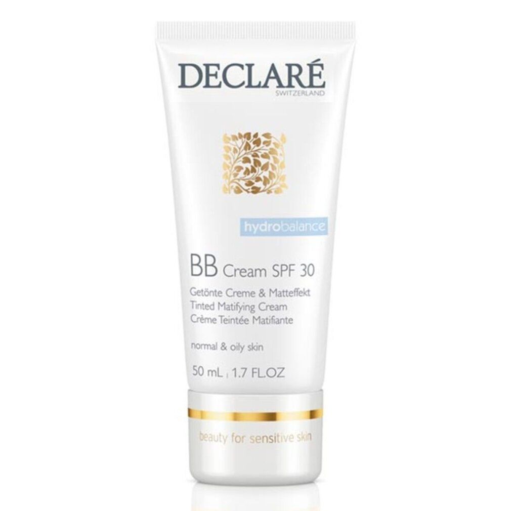 Tubo bianco con logo Declare e scritta BB Cream SPF 30. Contiene 50 ml. Per pelli da normali a grasse.