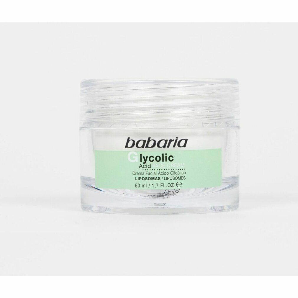 Contenitore di crema in vetro con logo Babaria e scritta Glycolic Acid. Scritta: 50 ml / 1,7 FL.OZ.